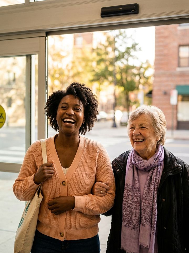 A PalMate companion walks arm-in-arm with a smiling older client as they leave a medical clinic together